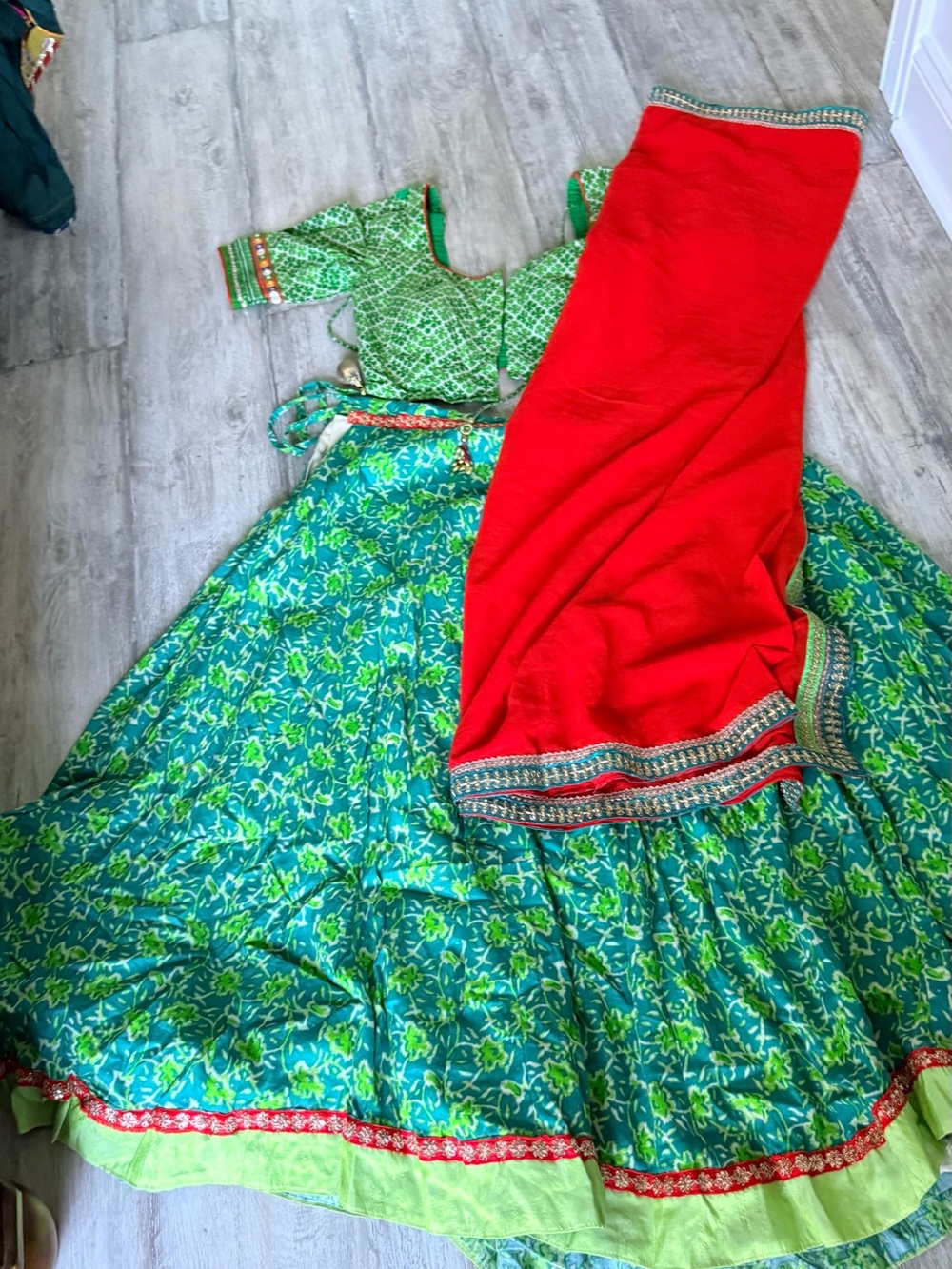 Green Floral Lehenga Set with Red Dupatta
